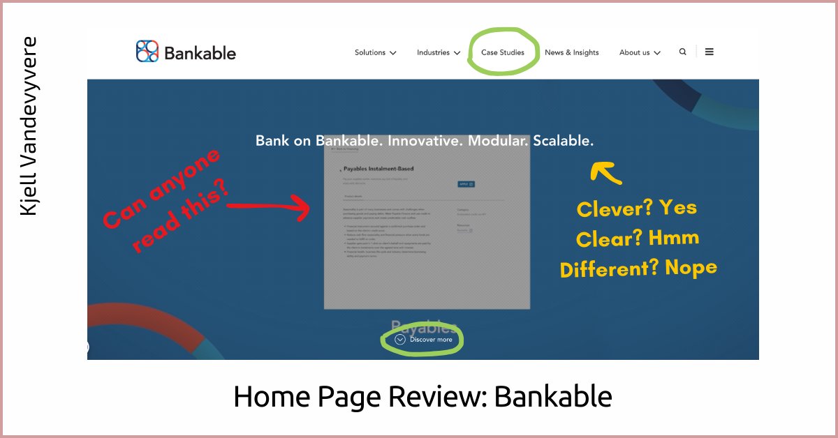 Quick review of the Bankable home page. A BaaS provider like bankable should focus more on what makes them the right partner. This hero section doesn't do a great job. I've explored more details and ideas here: thecopygalaxy.com/bankable-home-…