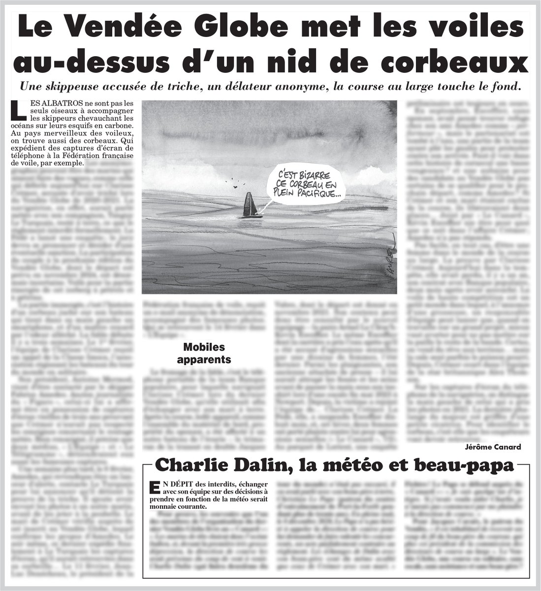 canardenchaine's tweet photo. Recevoir des conseils météo sur WhatsApp pendant le Vendée Globe : c'est interdit ! Mais qui a bien pu dénoncer une skippeuse et envoyer des captures d'écran des messages litigieux à la fédé ? Des concurrents jaloux désireux d’éliminer une rivale ?

➡️ https://t.co/Tpwe6OCaMI https://t.co/ovyBEsbayT