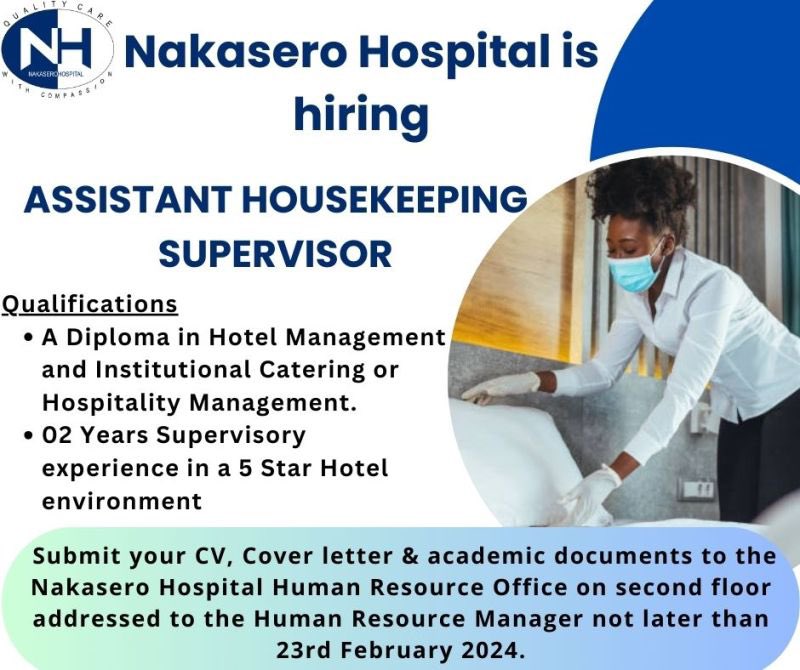 Job opportunity 📢 
Entry level job for an assistant housekeeping supervisor at Nakasero hospital.

#jobclinicug #JobseekersWednesday  #MakerereUniversity #jobs #Careers #HappeningNow #jobseekers #ApplyNow