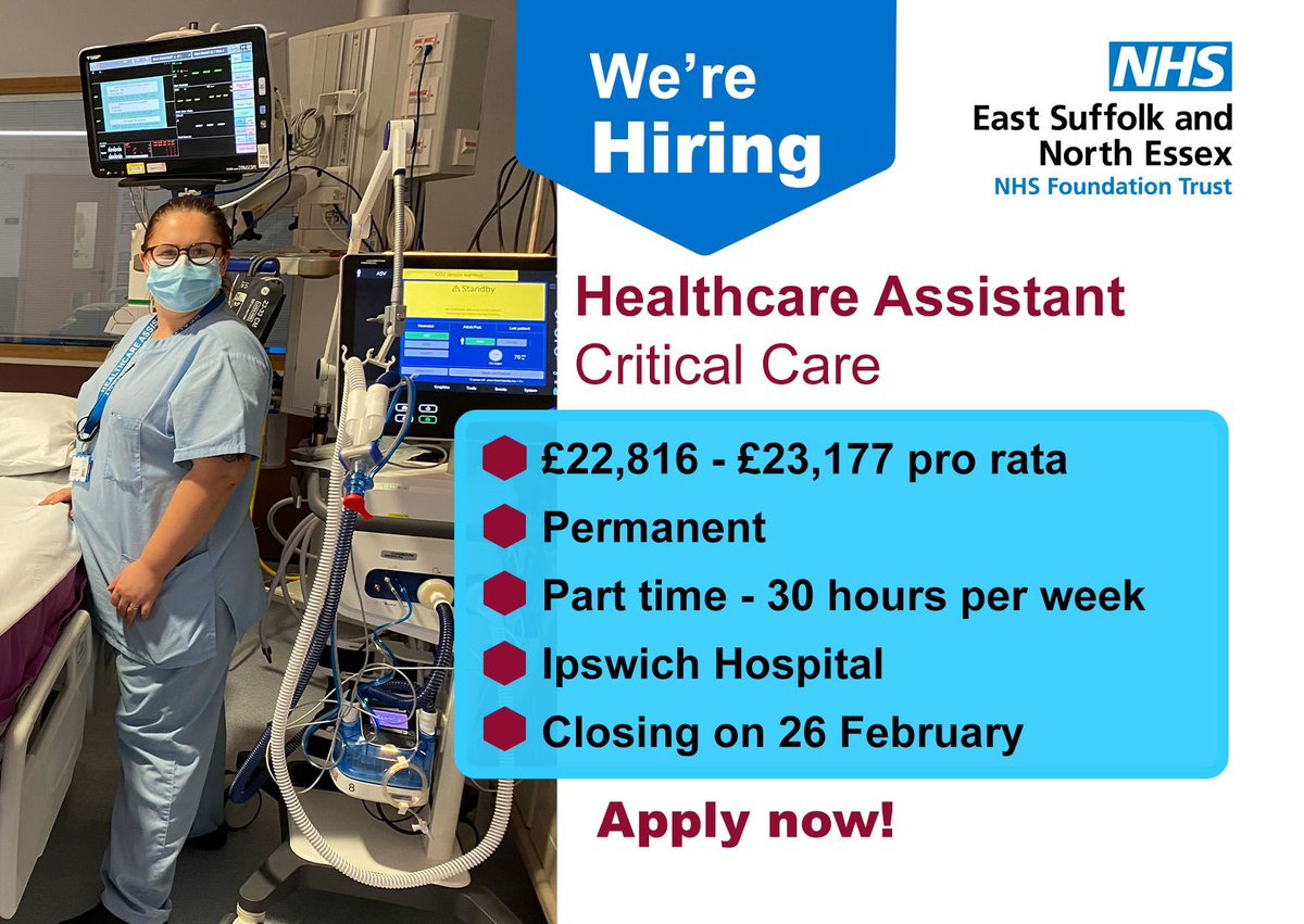 Come and thrive as an experienced Healthcare Assistant in #CriticalCare 👇 

💻 Apply here: buff.ly/3OJIQWq 

#NHS #NHSJobs #Healthcare #Ipswich #Hospital #HiringNow