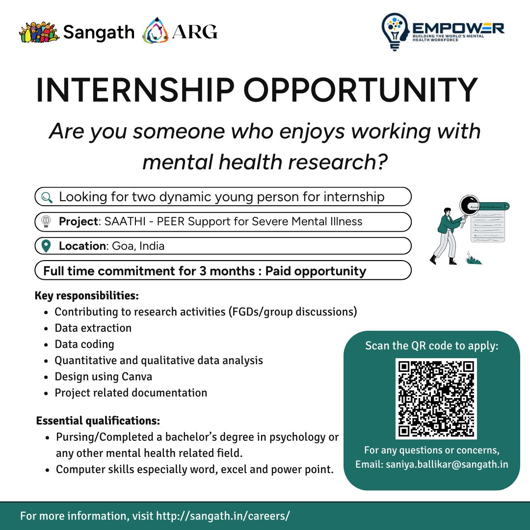 New paid internship opportunity! Project: SAATHI- Peer Support for Severe Mental Illness Location: Goa Duration: 3 months Open positions: 2 To Apply: scan the QR code or click on this link docs.google.com/forms/d/1VnMeK… For any concerns or questions, email saniya.ballikar@sangath.in