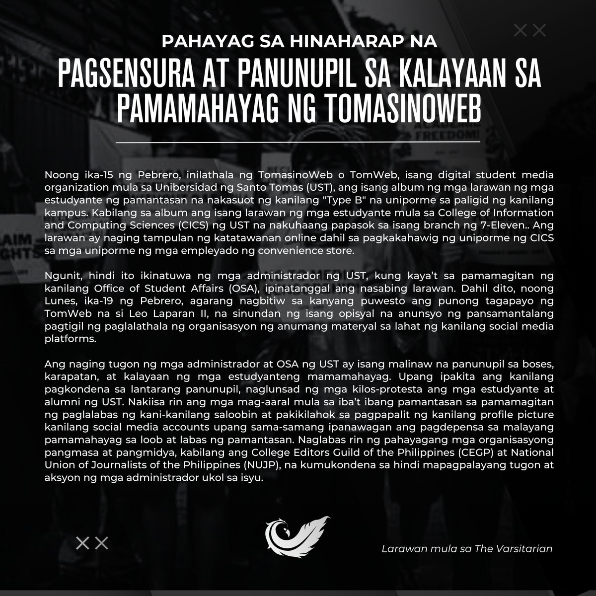 MatanglawinADMU's tweet photo. BASAHIN: Nakikiisa ang Matanglawin Ateneo sa patuloy na pagtindig ng komunidad ng UST laban sa pagsensura at panunupil sa kalayaan sa pamamahayag ng @TomasinoWeb.
Ang laban ng TomWeb ay laban ng bawat mag-aaral at pahayagan.
#WeAreAllTomWeb
#StandWithTomWeb
#DefendPressFreedom https://t.co/TtmdDo9CWj
