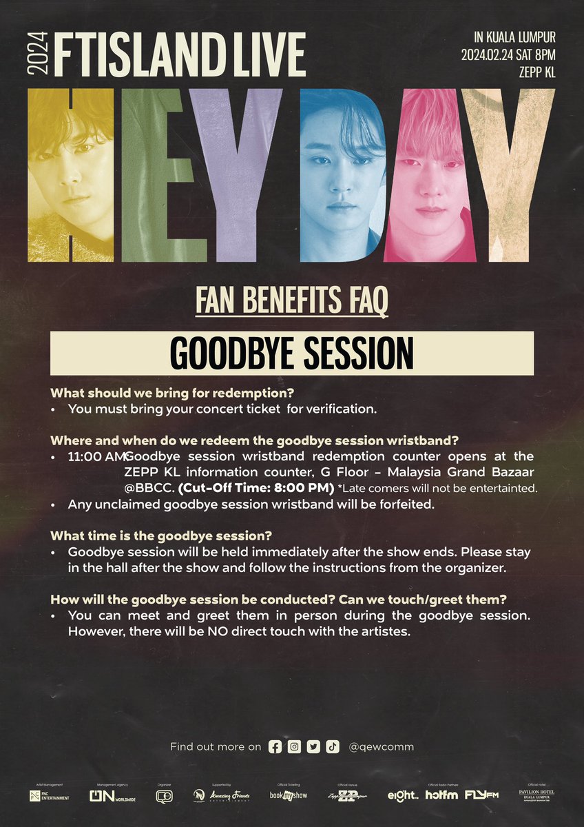 qewcomm's tweet photo. Kindly note that:
* Sound check wristband not claimed by 4PM will be forfeited.
* Goodbye session wristband and photo card not claimed by 8PM will be forfeited.
* Signed polaroid and signed posted not claimed by 11:30PM will be forfeited. https://t.co/PpfDCwsokU