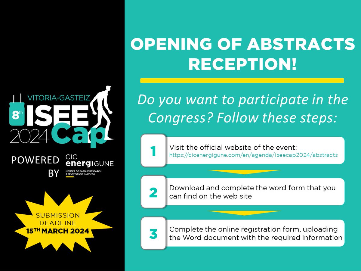 energigune_brta's tweet photo. ๐ขDon't miss out! #Abstract submissions for #ISEECap24 are closing soon!
Submit your #research by March 15th to join us in Vitoria-Gasteiz from July 8th -12th.
๐Share your innovations with global experts in #energystorage & electrochemical #capacitors. ๐https://t.co/GvomF8ExnI https://t.co/q992j5cvWL