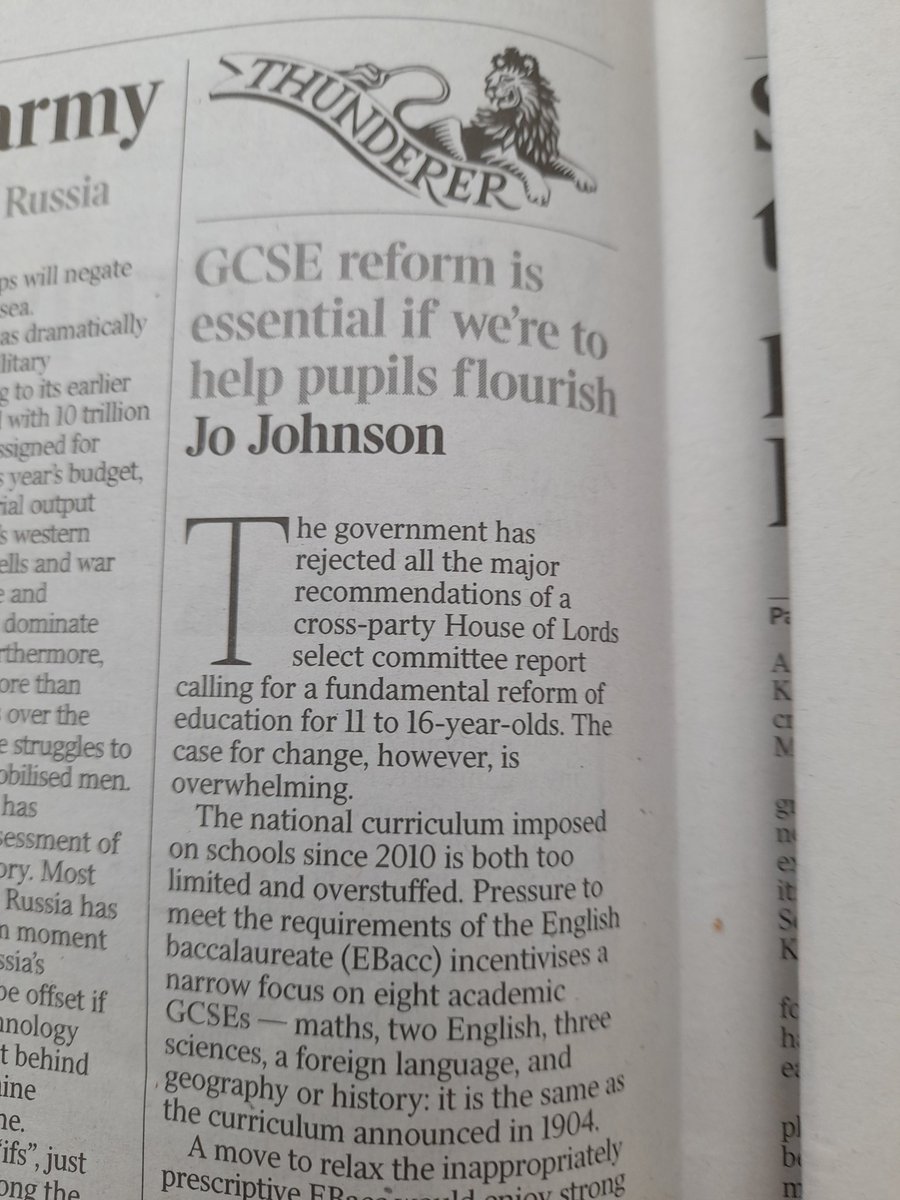 Please read Jo Johnson's piece @thetimes today re Lords Select Committee report on 11-16 education. Chaired by Lord J the report says case for change is overwhelming. J notes how music etc have been sidelined from schools by the EBacc and that Govt has refused to act. Shocking.
