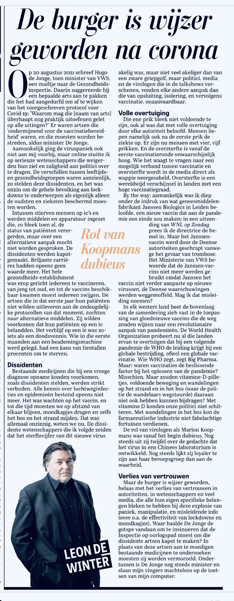 hansvantelling's tweet photo. Mooie en 100% feitelijke column van ⁦@leondewinter⁩. Hoe de overheid heeft gefaald met het onzinnige coronabeleid. Dat veel meer levens kostte dan het heeft gespaard. En de samenleving onnodig heeft gepolariseerd. We moeten ook af van de dwingende rol van WHO. https://t.co/cUr3C0EjJl