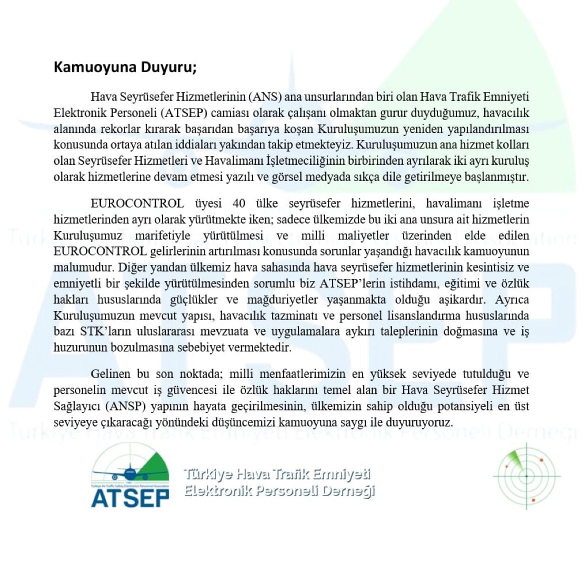 Türkiye Hava Trafik Emniyeti Elektronik Personeli Derneği ATSEP, DHMİ’deki işletme ve seyrüsefer birimlerinin ayrılmasına yönelik bir açıklama yayınladı <a href="/AtsepTurkiye/">AtsepTürkiye</a>