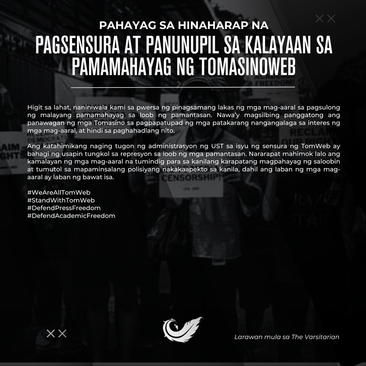 MatanglawinADMU's tweet photo. BASAHIN: Nakikiisa ang Matanglawin Ateneo sa patuloy na pagtindig ng komunidad ng UST laban sa pagsensura at panunupil sa kalayaan sa pamamahayag ng @TomasinoWeb.
Ang laban ng TomWeb ay laban ng bawat mag-aaral at pahayagan.
#WeAreAllTomWeb
#StandWithTomWeb
#DefendPressFreedom https://t.co/TtmdDo9CWj