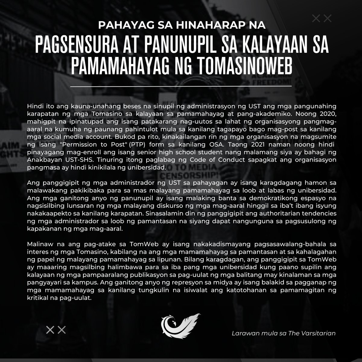 MatanglawinADMU's tweet photo. BASAHIN: Nakikiisa ang Matanglawin Ateneo sa patuloy na pagtindig ng komunidad ng UST laban sa pagsensura at panunupil sa kalayaan sa pamamahayag ng @TomasinoWeb.
Ang laban ng TomWeb ay laban ng bawat mag-aaral at pahayagan.
#WeAreAllTomWeb
#StandWithTomWeb
#DefendPressFreedom https://t.co/TtmdDo9CWj
