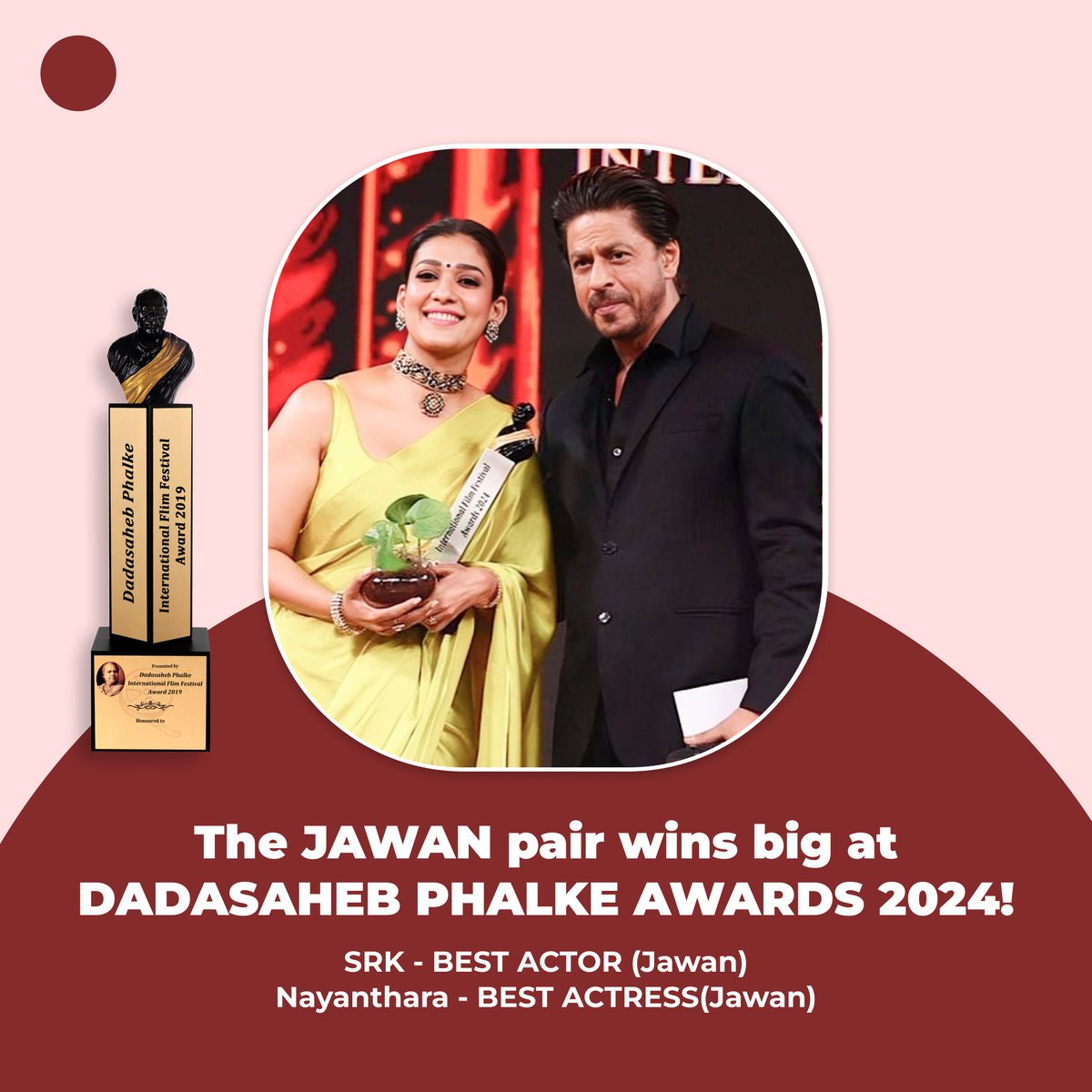 filmimonthly's tweet photo. #ShahRukhKhan & #Nayanthara won the Best Actor & Best Actress at #DadaSahebPhalkeAwards 2024 ⭐🏆
#SRK #FilmiDuniya #dadasahebphalkeawards2024 https://t.co/xEyHtE01tY