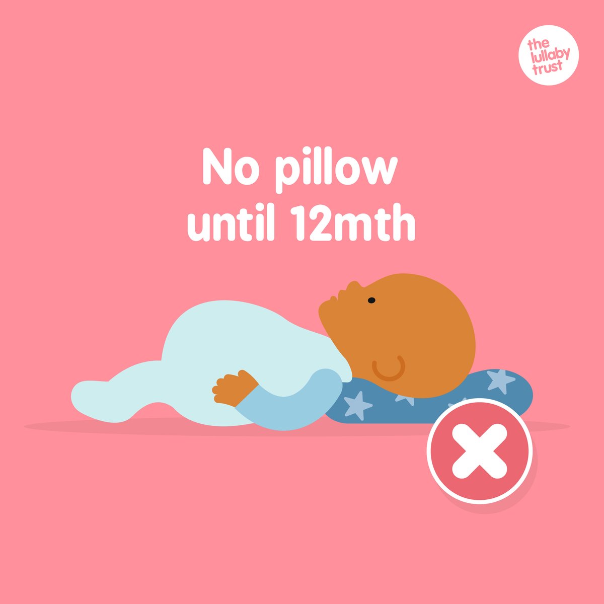 LullabyTrust's tweet photo. Babies need to sleep on a firm, flat surface. That means they should not use a pillow until at least 12mth old (or 12mth from their due date for premature babies) because padding around a baby’s head can cause overheating. https://t.co/a2xXwlmd1l