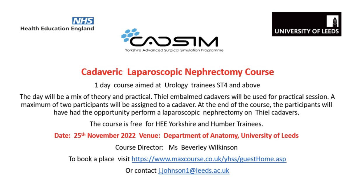 Cadaveric Laparoscopic Nephrectomy Course by @CADSIM. Excellent program by @BevWilkinson39 and amazing mentors! @YH_Trainees @NHSE_WTE @NHSHEE_NEY @LeedsHospitals @RCSnews @RCSEd @rcpsglasgow @BAUSurology @UrologyBootCamp To book a place visit maxcourse.co.uk/yhss/guestHome…