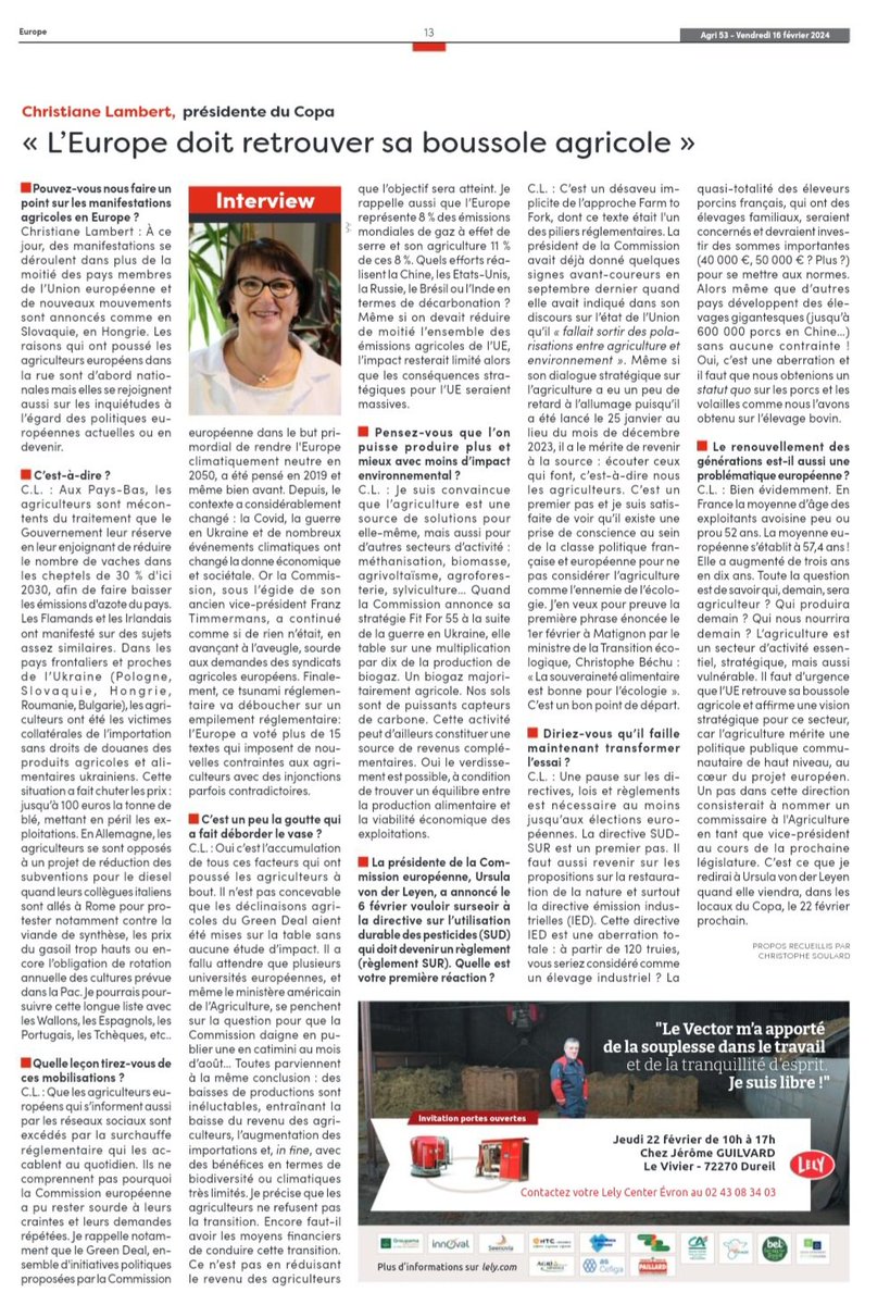 Dans notre dernière édition @agri53 du 16 février, retrouvez l'interview de la présidente du #Copa @COPACOGECA, @ChLambert_FNSEA. 'L'Europe doit retrouver sa boussole agricole'. A lire 📰 !