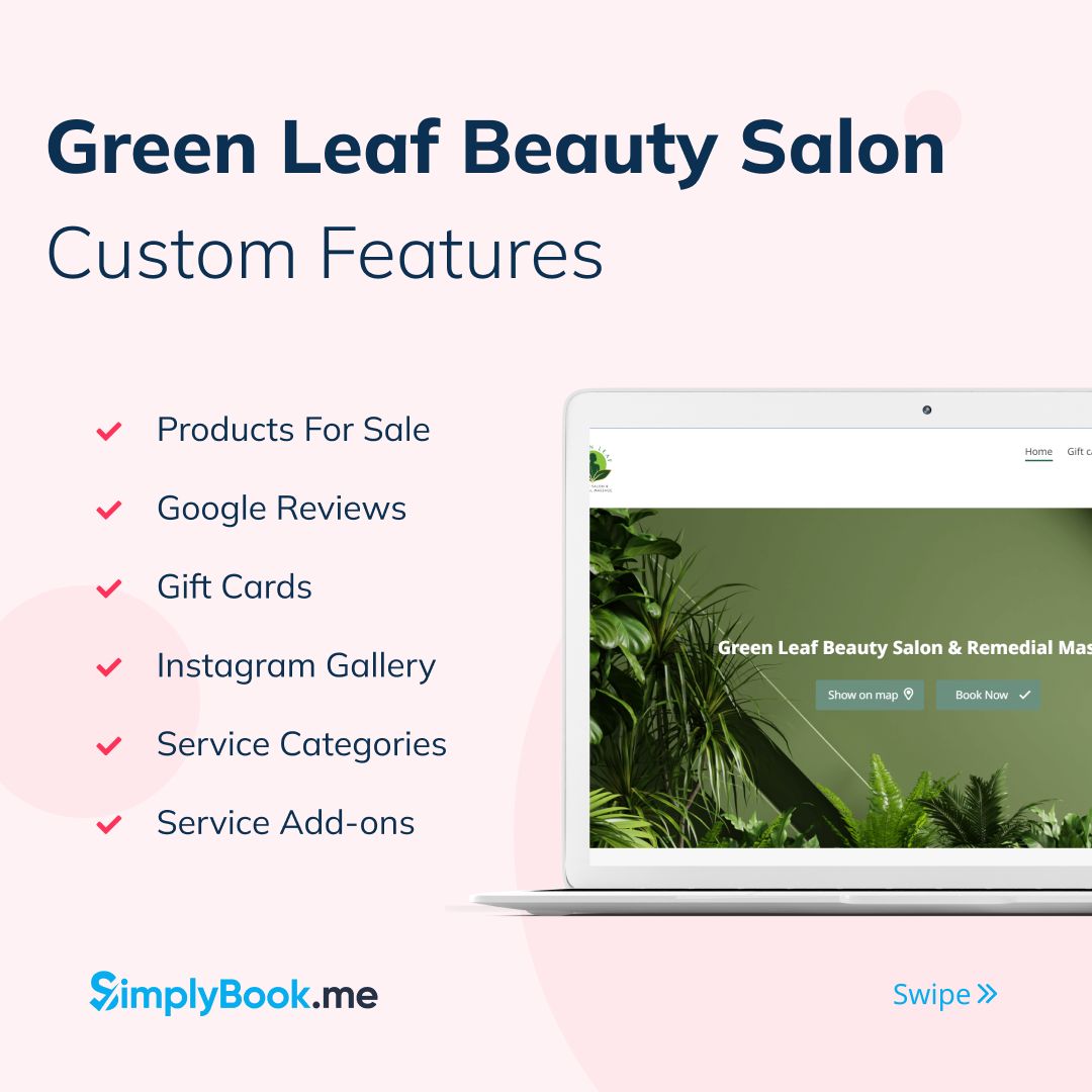 SimplyBookMe's tweet image. This week's client spotlight is Green Leaf Beauty Salon &amp; Remedial Massage, based in Australia. The salon offers facials, massages, exfoliation &amp; more.
#OnlineScheduling #AppointmentScheduling #SchedulingSoftware #BeautySalon #SalonSoftware