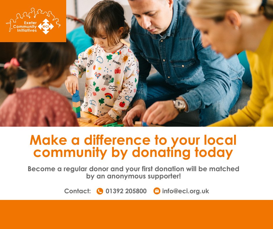 Could you spare £5 a month to help ECI support individuals, families and communities in Exeter and across Devon? Sign-up today and your first donation will be matched by an anonymous donor, doubling the impact of your generosity. Visit: …rcommunityinitiatives.beaconforms.com/form/eee8c65d