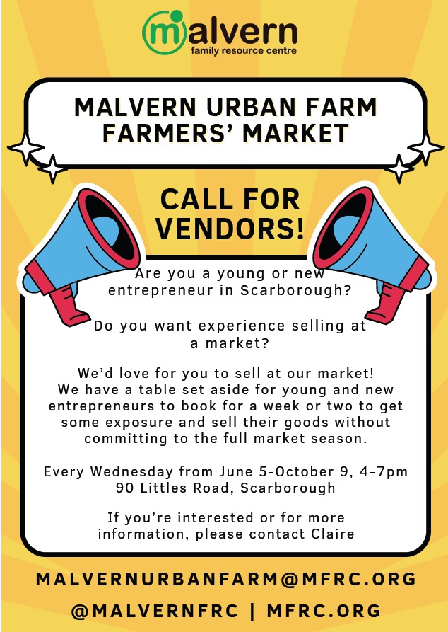 Summer 2024: Calls for Vendors, Organizations and Entrepreneurs! Showcase your services at one of the farmers' markets happening right here in #Malvern.