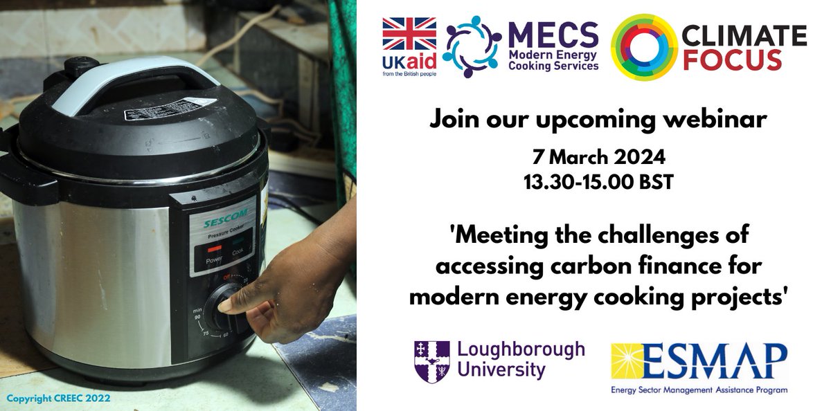 Modern Energy Cooking Services (@ukmecs) on Twitter photo 📢Join us & <a href="/Climate_Focus_/">Climate Focus</a> on this #webinar aimed at providing prospective #project #developers & other interested parties, an insight into what to expect when seeking #CarbonFinance for modern energy cooking projects.
🗓️7 Mar ⏲️13.30-15.00 BST
Register⬇️
mecs.org.uk/webinar-announ… 📢Join us & <a href="/Climate_Focus_/">Climate Focus</a> on this #webinar aimed at providing prospective #project #developers & other interested parties, an insight into what to expect when seeking #CarbonFinance for modern energy cooking projects.
🗓️7 Mar ⏲️13.30-15.00 BST
Register⬇️
mecs.org.uk/webinar-announ…