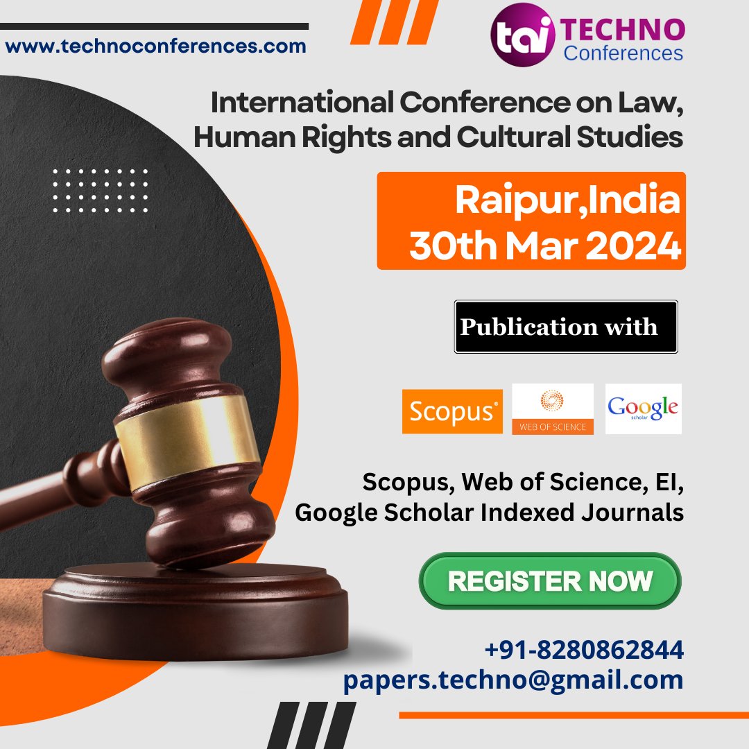 techno_conf's tweet image. Join us for our upcoming International Conference on Law, Human Rights and Cultural Studies.

Date:  30th Mar 2024
Venue:  Raipur, India 
  
For details: technoconferences.com/Conference/121…
Contact us: papers.techno@gmail.com

#technoconference #conference2024 #Raipur #law #humanrights