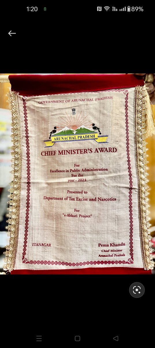 DepartmentTax's tweet photo. @ChownaMeinBJP @nyamarkarbak @ArunachalCMO @NICMeity We are honoured &amp; blessed to have received the CM's Award for Excellence in Public Administration for FY-2023 for 'e-Abkari Project'. https://t.co/mBBw2uKFu9