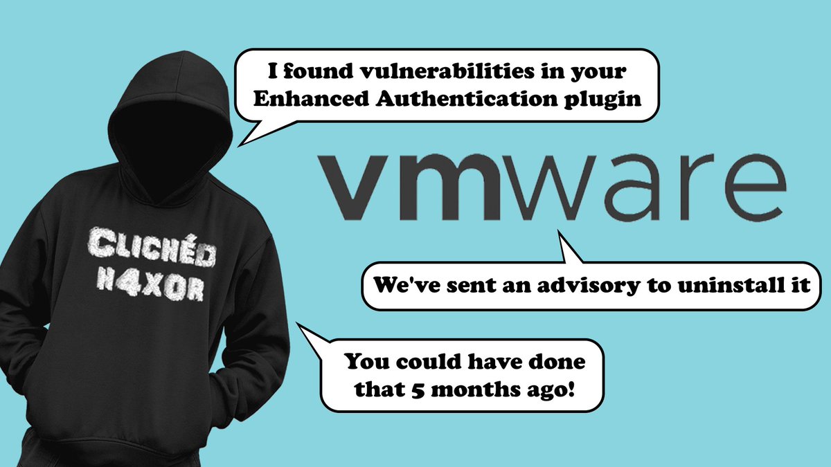 PenTestPartners's tweet photo. Vulnerabilities found in VMware Enhanced Authentication plugin, part of the seamless login experience. 5 months later VMWare advise uninstallation of the plugin as there's no fix. There's a full write up thanks to our @_EthicalChaos_
https://t.co/NSXJs7AD7k
#VulnerabilityAdvisory https://t.co/Q8gCIiU9GH