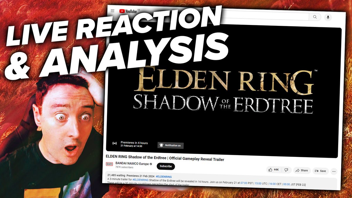 Join us at 2.30pm UK time for live reaction & frame-by-frame analysis of the ELDEN RING SHADOW OF THE ERDTREE gameplay trailer! Check local times where you live and for goodness' sake set a reminder: youtube.com/live/xxeQkwxG-…