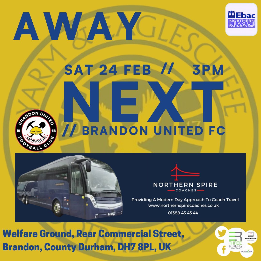 Next up 

We travel to <a href="/BrandonUnited/">Brandon United FC 🐗</a>, after our game was called off a couple of weeks ago. 

We are hoping for a great travelling crowd. 

Match Details 👇 

Thanks to @NorthernSpireCo for the away sponsor!