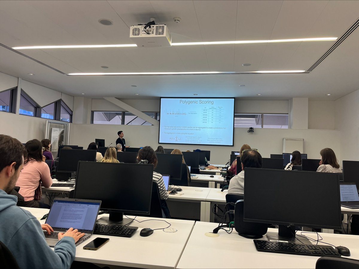 Day 2 of 'Exploring gene and environmental exposure interactions to understand human health and disease'. Analysing human cohort data with training from @GWASCatalog, @OpenTargets & calculating Polygenic Risk Scores with Sam Lambert @iamslambert @EBItraining