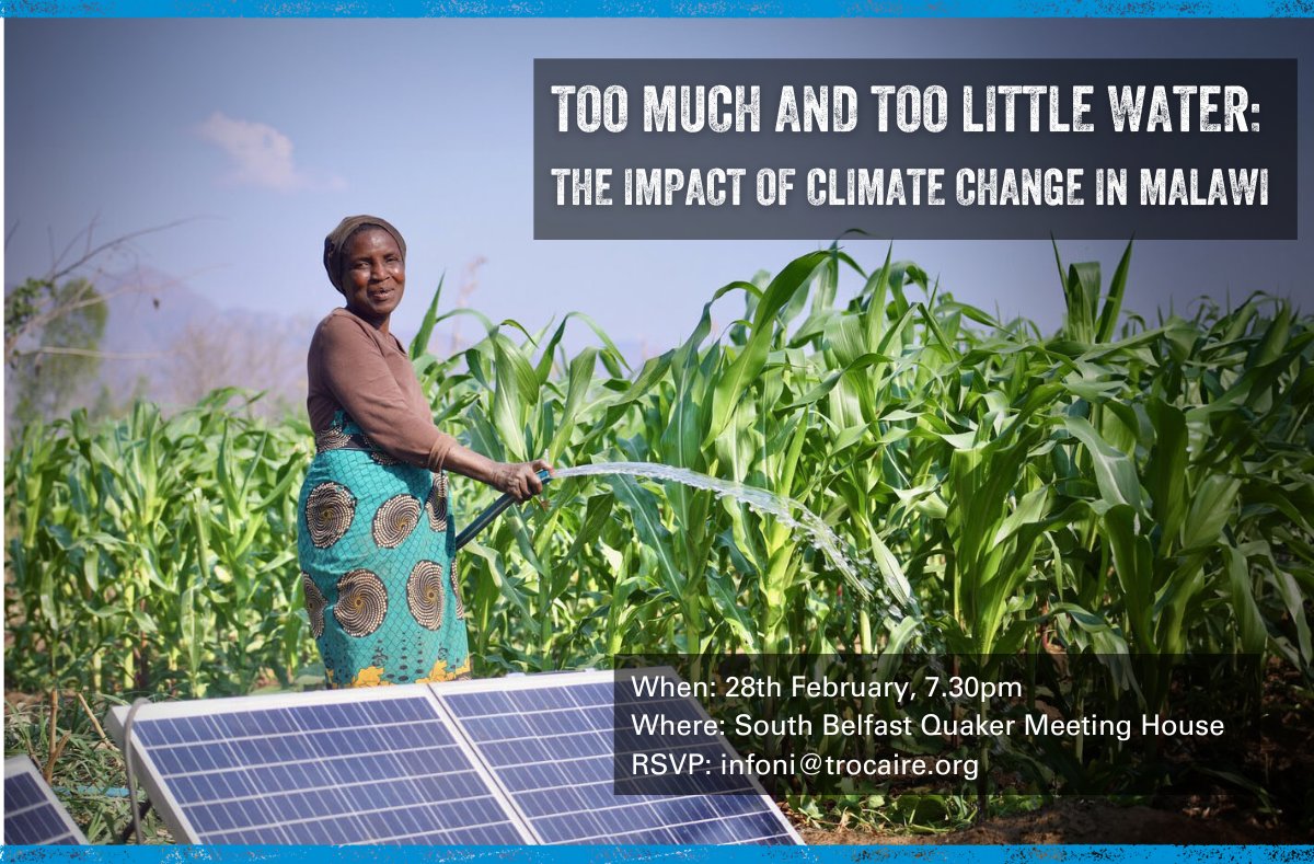 trocaire's tweet image. Join us next week for a special event on the frontlines of climate change with Salome Mumba from Trócaire. Explore Malawi's climate challenges, resilient community responses, and draw parallels with NI's climate issues.

When: 28th of February, 7.30 pm 
Where: South Belfast…