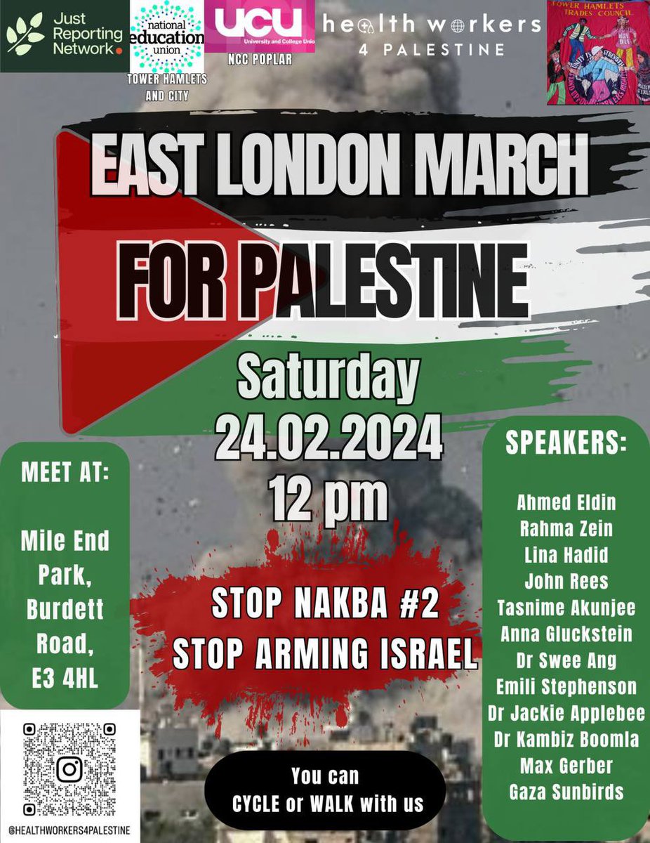 healthW4pal's tweet photo. Israel is about to invade Rafah - driving Gazans into the desert or total destruction. Israel must stop! Join our protest this Saturday in #eastlondon 💯 Speakers including @ASE , @RahmaZein9 , Lina Hadid, Gaza Sunbirds, Jackie Applebee, Kambiz etc. You can join us by #cycling or walking the whole route around #towerhamlets 👍🏼 We are stonger together! 👊🏼