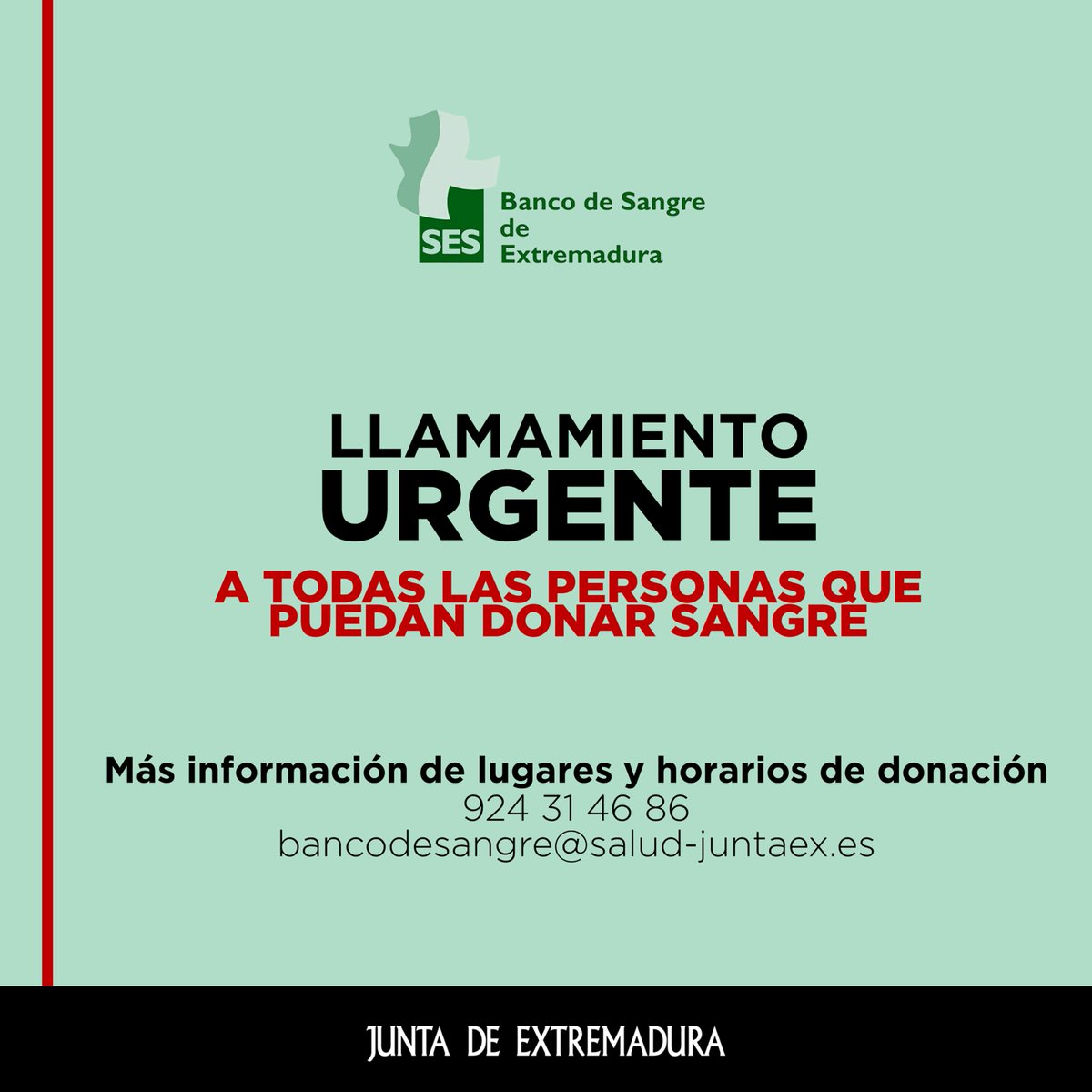 🩸 El Banco de Sangre de Extremadura realiza un LLAMAMIENTO URGENTE a todas las personas que puedan donar sangre para abastecer a los hospitales de la región.

Para más información:
📱 924 31 46 86
✉️ bancodesangre@salud-juntaex.es
🧵 Y siguiendo este hilo (1/3)