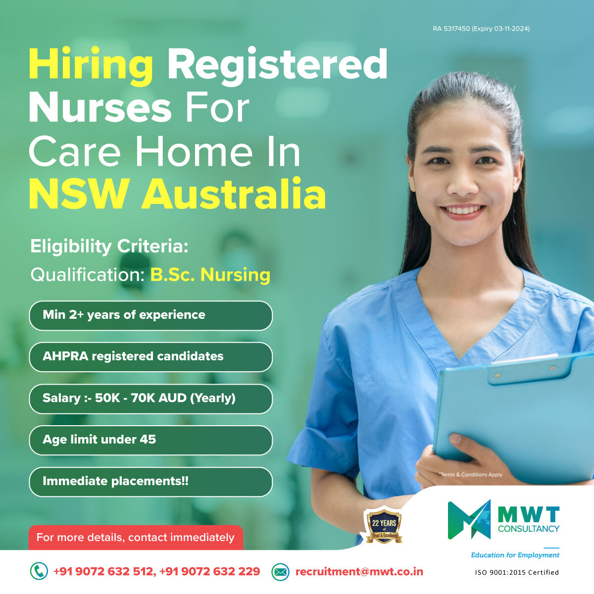 Nursing excellence wanted! 🏥💙

Competitive salary and immediate placements available. 

Apply today!

📞+91 9072 632 512, +91 9072 632 229
📧recruitment@mwt.co.in

#mwtconsultancy #HealthcareJobs #NursingOpportunity #educationconsultancy