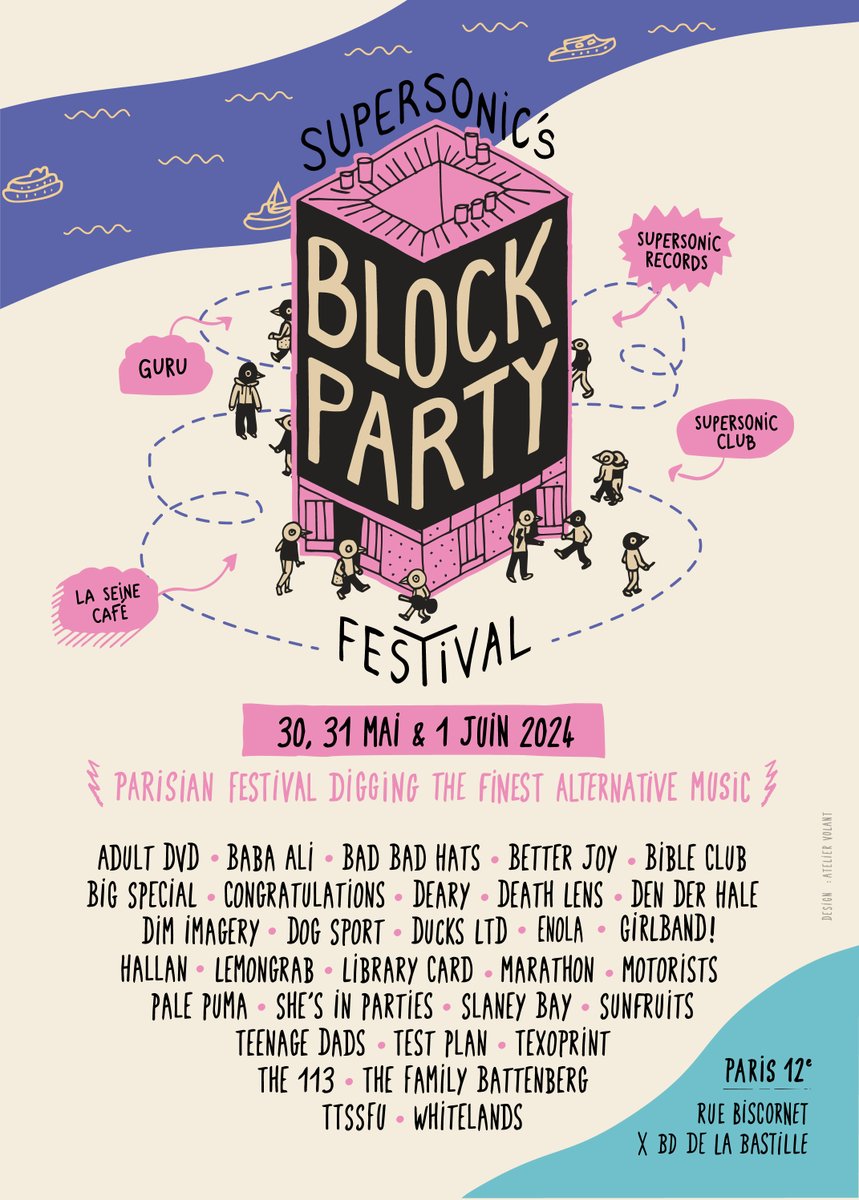 Voici la programmation complète de notre festival Supersonic's Block Party qui aura lieu au Supersonic Club, au @GuruFrance , à la Seine Café et au Supersonic Records les 30, 31 Mai et 1er Juin 2024 !🙌💕 dice.fm/bundles/block-…