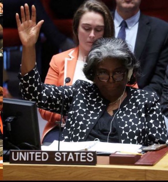 Portes_Thomas's tweet photo. La main de la mort. 
Son nom : Linda Thomas-Greenfie, Ambassadrice des États-Unis 
Une main levée qui condamne à mort des milliers de palestiniens. 
Une main qui continue de soutenir le génocide du peuple palestinien.
Les États-Unis arment et protègent les criminels de guerre israéliens