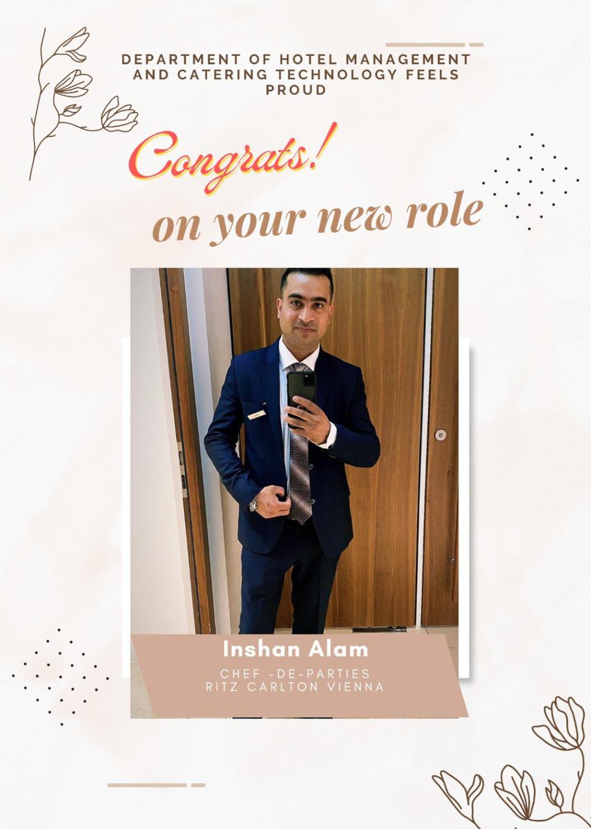 hmct_bitmesra's tweet photo. Congratulations on your remarkable achievement! 🌟 We're thrilled to announce that our Alumni Inshan Alam has taken on the prestigious role of "Chef de Parties" at Ritz Carlton, Vienna! 🎉🍽️ Keep shining bright and inspiring us all with your culinary prowess! https://t.co/Ptbmklms2Q