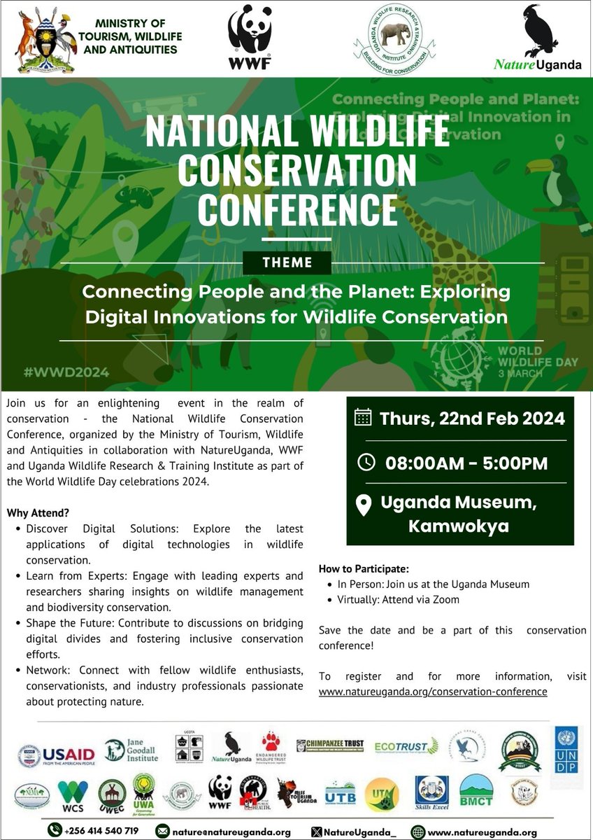 As part of the World Wildlife Day commemoration, the Uganda Museum will host a National Wildlife Conservation Conference tomorrow. The conference will focus on the theme 'Connecting People and the Planet: Exploring Digital Innovations for Wildlife Conservation.'

#WWD2024
