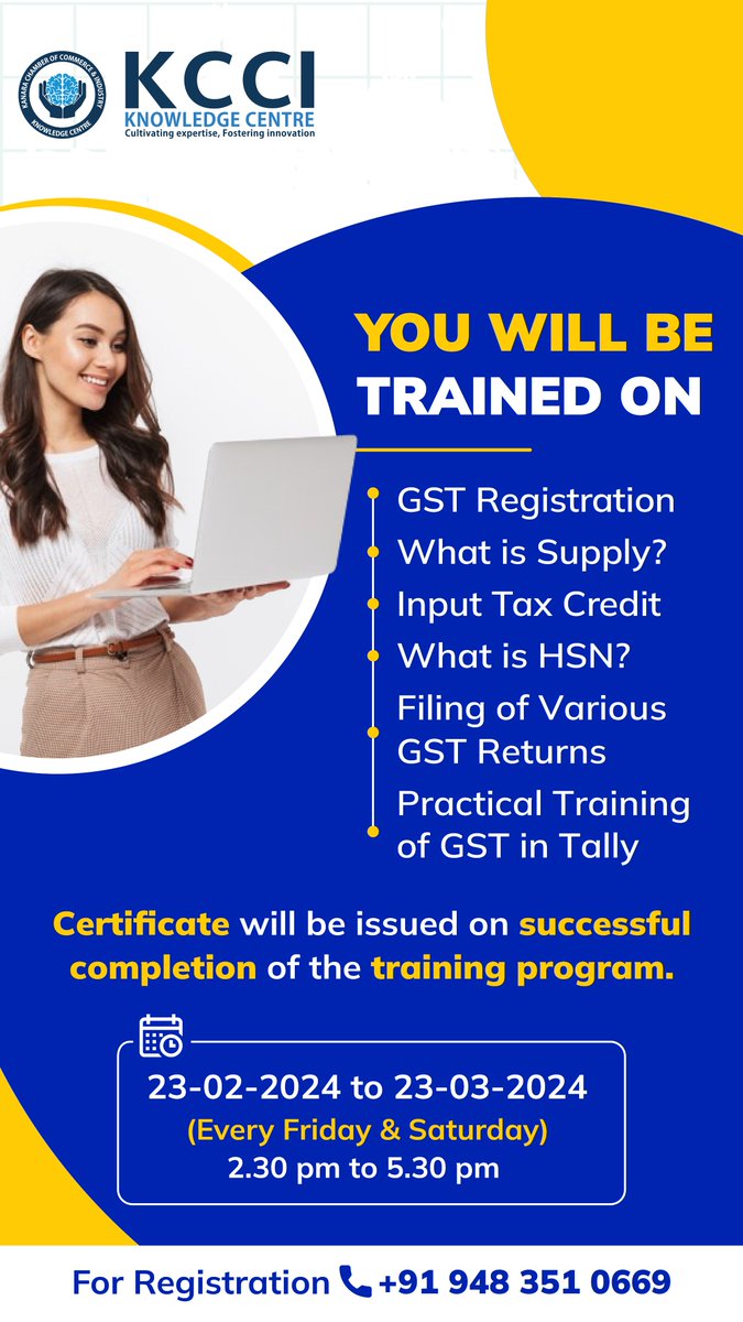 Join us at KCCI for a comprehensive 25-hour GST Training Programme designed for beginners! From February, 23rd to March, 23rd on every Friday & Saturday from 2:30 pm to 5:30 pm at the Meeting Hall of KCCI, Chamber Building, Bunder. Register today forms.gle/ZDB57jtWoBvim7…
