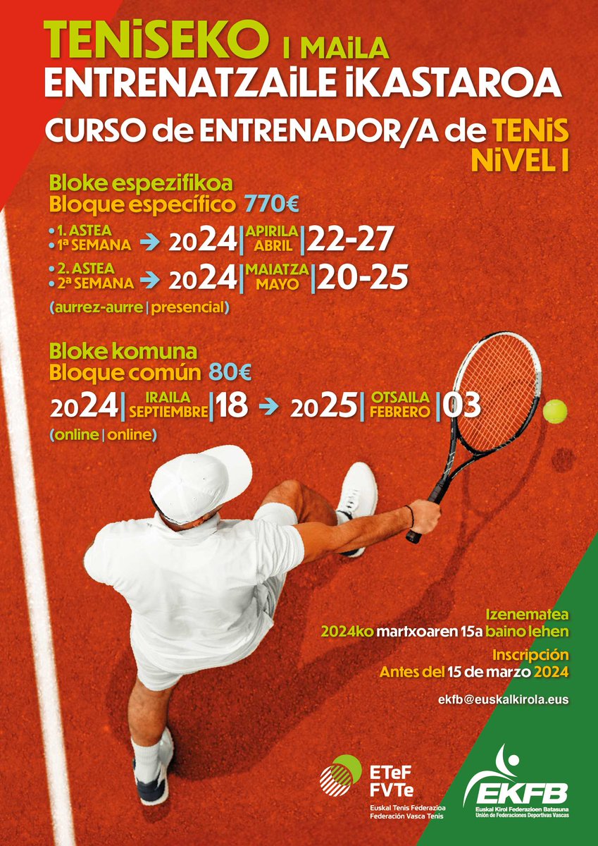 Curso Entrenador Nivel I de Tenis - Teniseko I maila entrenatzaile ikastaroa
fvtenis.eus/es/noticias-ma…