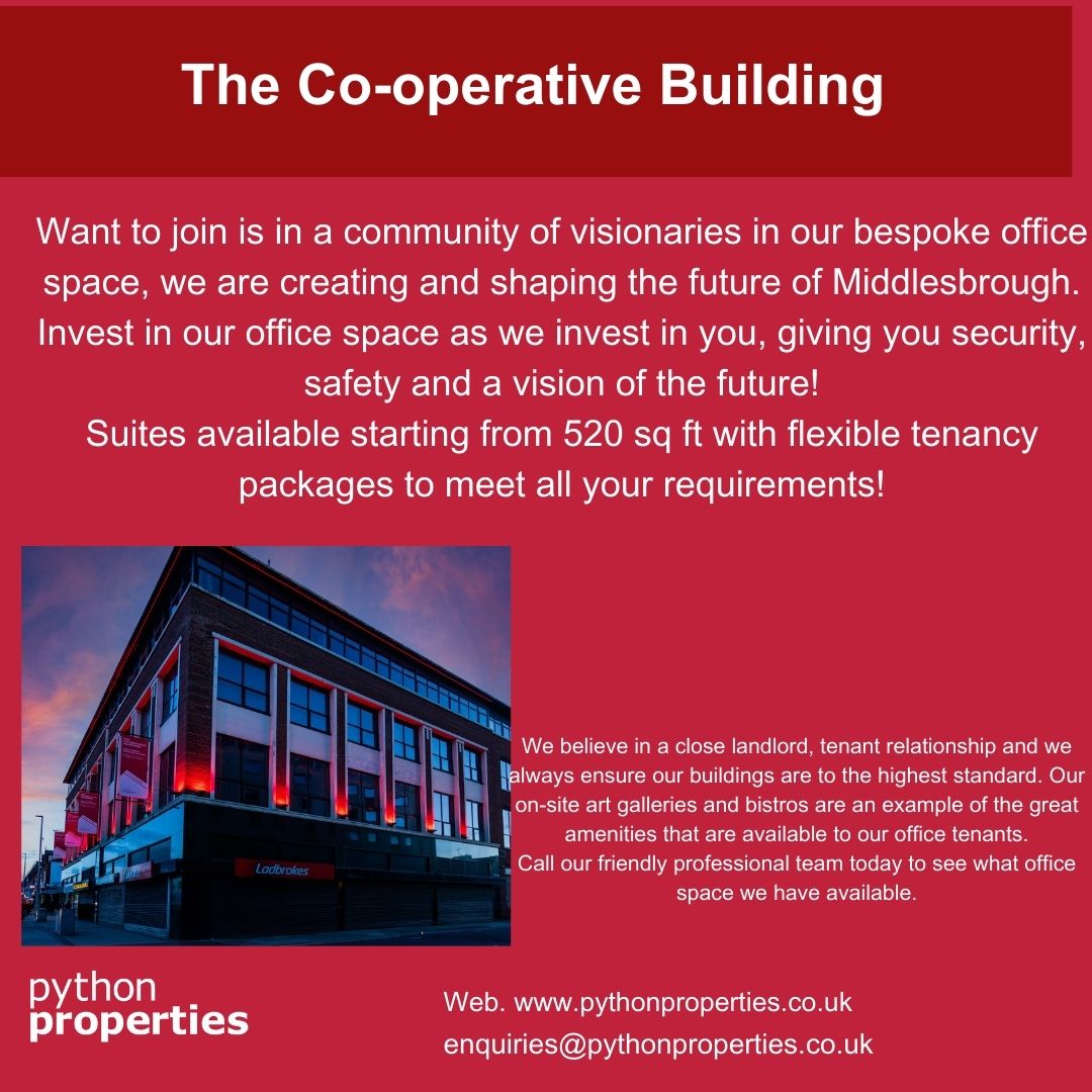 Python_Prop's tweet image. The Cooperative Building is located in a popular area of Middlesbrough. We are pleased to share with you we have a couple of offices available starting from 520 sq ft #officespace