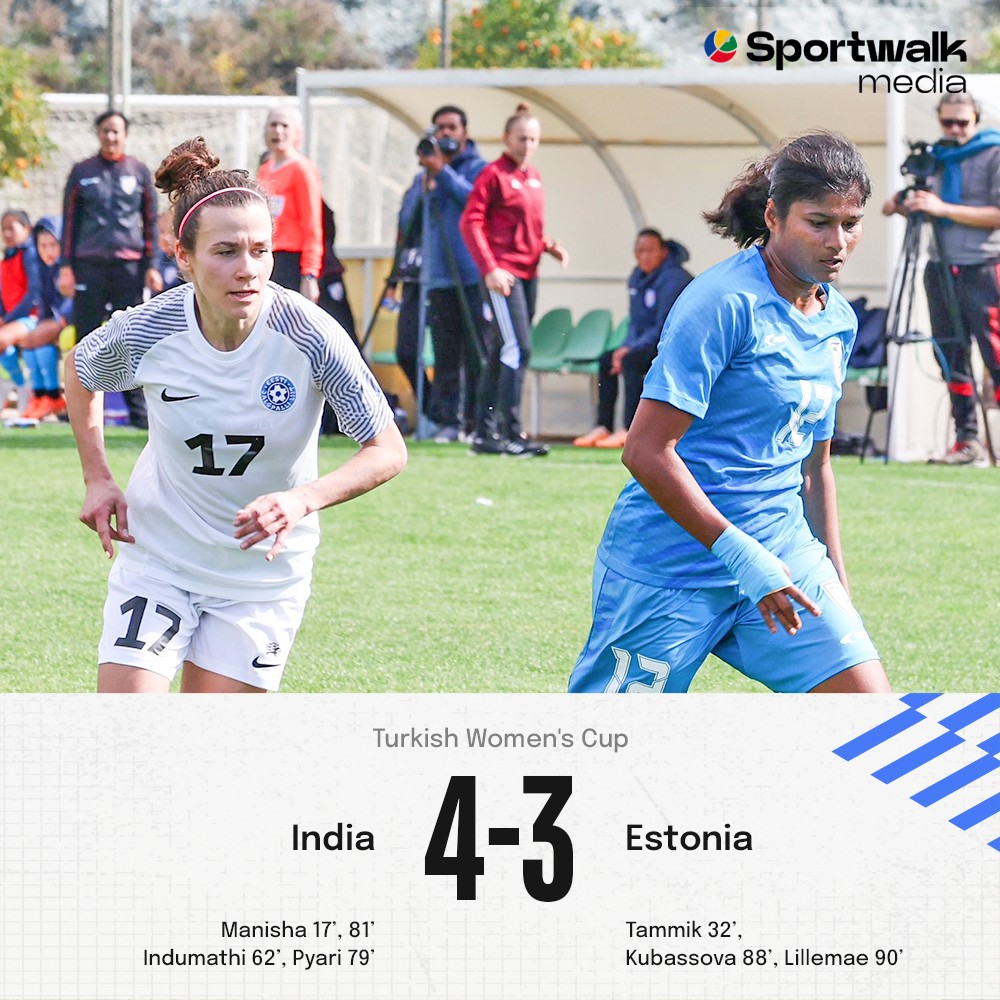 🔥 India kicked-off the Turkish Women's Cup with a win against Estonia in a thriller.

7️⃣ GOAL Thriller
4️⃣ GOALS in the last 15 mins

📸 AIFF • #TeamIndia #INDEST #BlueTigresses #ShePower #TurkishWomensCup #India #BackTheBlue #IndianFootball #Sportwalk