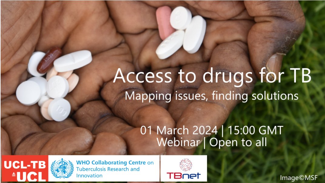 📯 Our next @UCLTB webinar on 'Access to drugs for TB' in collaboration with @TBnet_EU 📯 🗓️1st March 4-5.30 pm CET 💻Zoom link  ucl.zoom.us/j/91893100099 More details▶️ ucl.ac.uk/tb/access-drug… @Christo51566018 @MSF_access @TAGTeam_Tweets @tizmasini @WHO @DrJessPotter