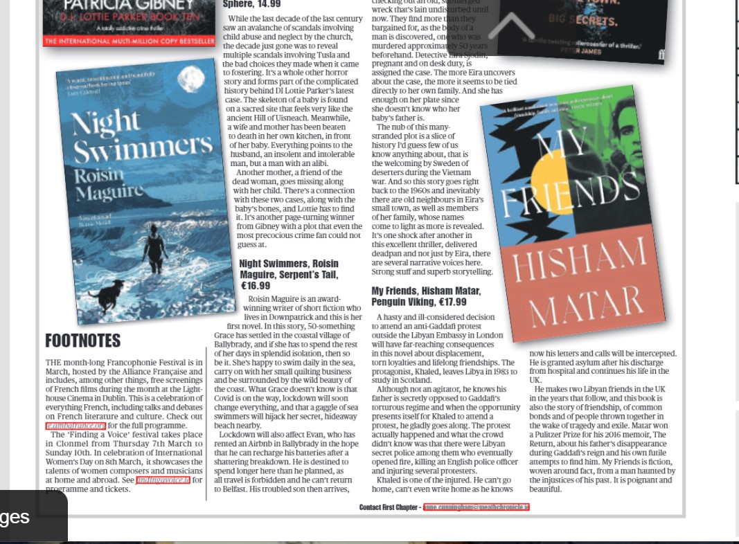 Reviews of Patricia Gibney's Little Bones, Hisham Matar's My Friends, Roisin Maguire's Night Swimmers & Tove Alsterdal's Deep Harbour in this wk's Chronicle & other papers. @_Mark_Walsh_ @Peterocmedia @GillHessLtd @tara_mcevoy @PenguinIEBooks