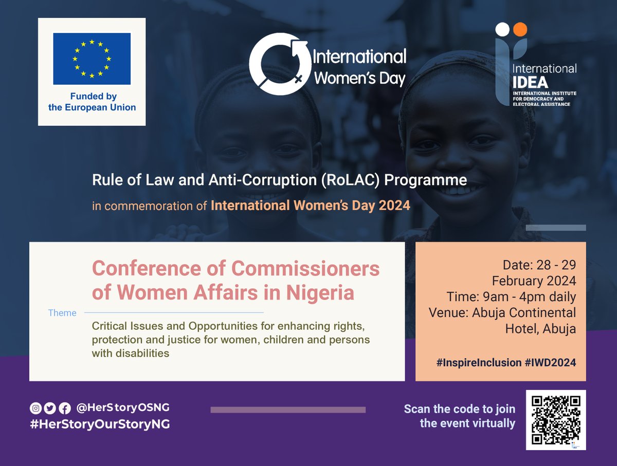 HerStoryOurStoryNG (@herstoryosng) on Twitter photo 🌟 Exciting News! Don't miss out on the Conference of Commissioners of Women Affairs in Nigeria, supported by <a href="/Int_IDEA/">International IDEA</a> and <a href="/EUinNigeria/">EU in Nigeria 🇪🇺🇳🇬</a>, in celebration of #IWD2024.
Mark your calendars for 28-29 Feb 2024, 9am - 4pm daily.
💻 Register now: bit.ly/ConfCWANigeria 🌟 Exciting News! Don't miss out on the Conference of Commissioners of Women Affairs in Nigeria, supported by <a href="/Int_IDEA/">International IDEA</a> and <a href="/EUinNigeria/">EU in Nigeria 🇪🇺🇳🇬</a>, in celebration of #IWD2024.
Mark your calendars for 28-29 Feb 2024, 9am - 4pm daily.
💻 Register now: bit.ly/ConfCWANigeria