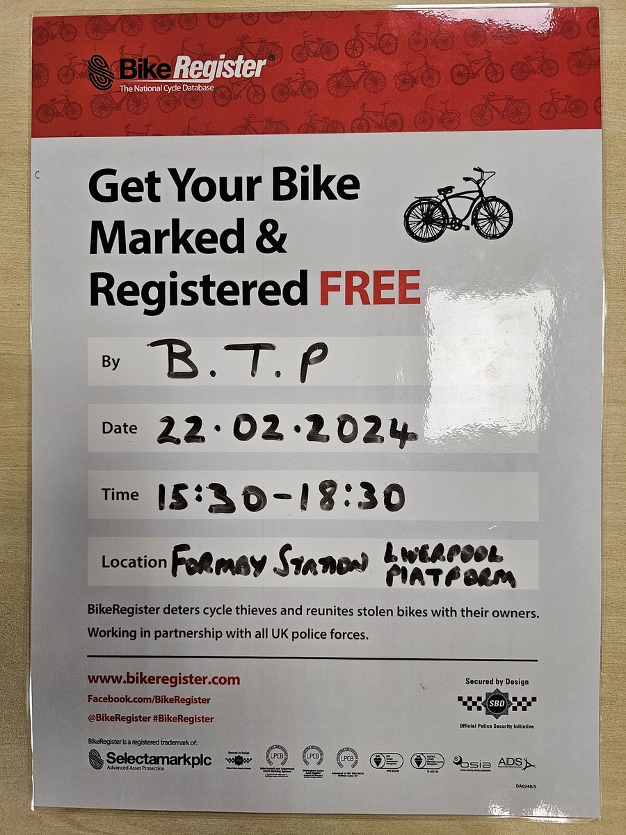 Free bike marking events on 22nd February 2024 at FORMBY STATION between 15:30 - 18:30 hours. @BTPMersey @networkrail @merseyrail