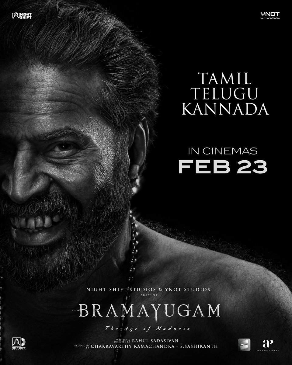 #Bramayugam in TAMIL, TELUGU & KANNADA - FROM 23 FEB ! #Bramayugam starring @mammukka Written & Directed by @rahul_madking Produced by @chakdyn @sash041075 @allnightshifts @studiosynot @SitharaEnts @APIfilms @SureshChandraa @venupro