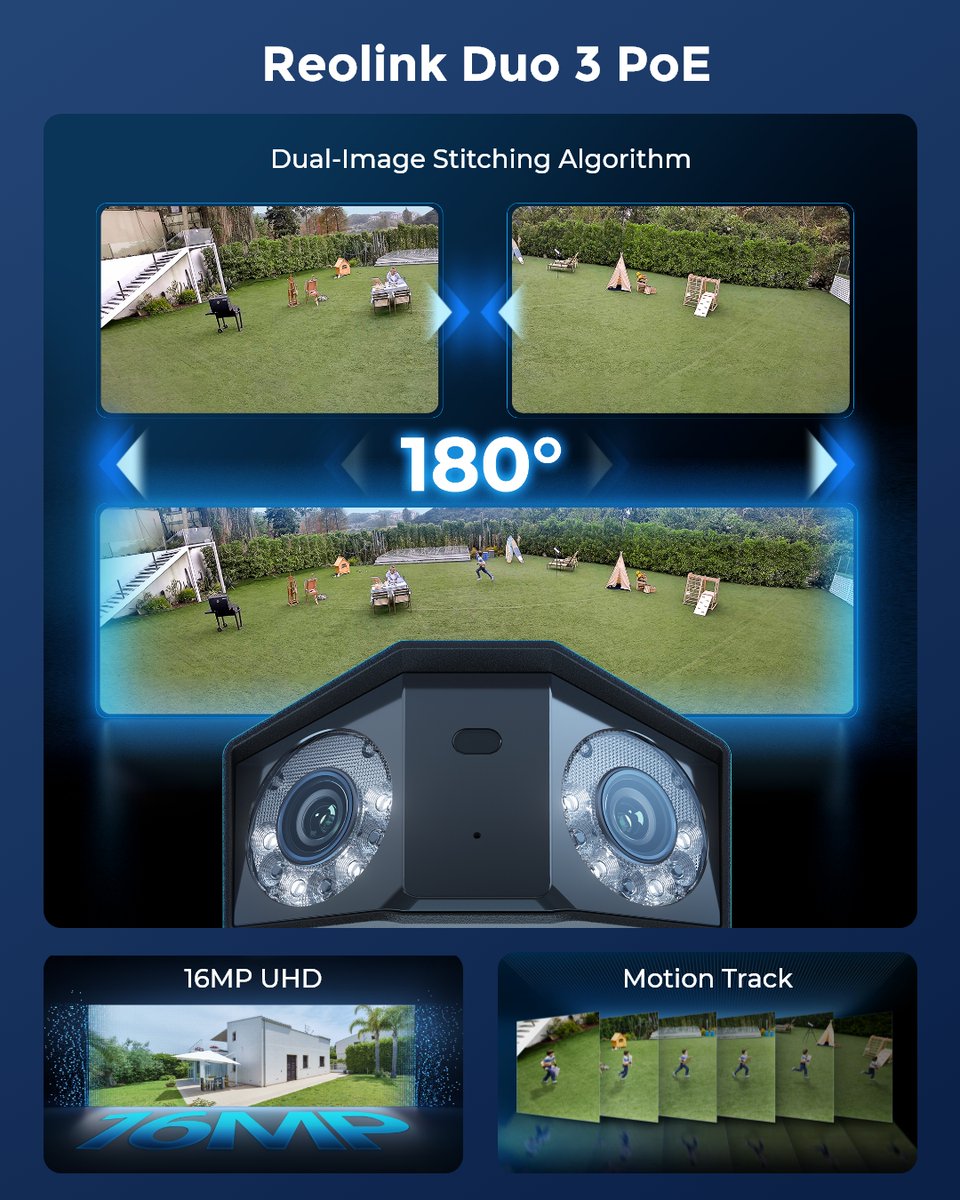 ReolinkTech's tweet image. Duo 3 PoE is on the scene - premier #Reolink16MP camera. Dive in...

✅ 16MP UHD for unparalleled clarity
✅ Dual-image stitching algorithm for 180° panoramic views in just one camera
✅ New Motion Track captures all motion activity with timestamps in a single image