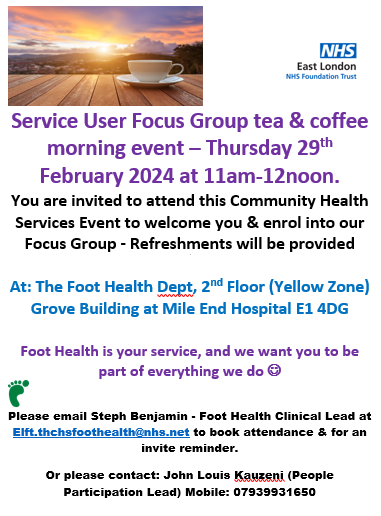 East London NHS Foundation Trust (ELFT) (@nhs_elft) on Twitter photo Next Thursday, <a href="/THCHS1/">Tower Hamlets Community Health Service - THCHS</a> will be holding a #focusgroup for current service users in the #FootHealth Department at #MileEnd Hospital.
For further information and to book your place, email elft.thchsfoothealth@nhs.net or call John Louis Kauzeni, the <a href="/elft_ppl/">ELFT-Participation</a> lead, on 07939931650. Next Thursday, <a href="/THCHS1/">Tower Hamlets Community Health Service - THCHS</a> will be holding a #focusgroup for current service users in the #FootHealth Department at #MileEnd Hospital.
For further information and to book your place, email elft.thchsfoothealth@nhs.net or call John Louis Kauzeni, the <a href="/elft_ppl/">ELFT-Participation</a> lead, on 07939931650.