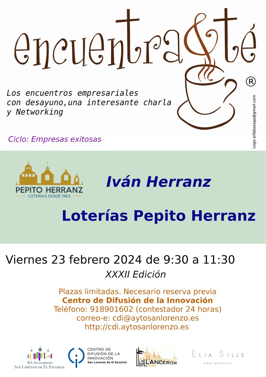 📢 Este viernes, Encuentra&amp;té con uno de los empresarios de más éxito en #SanLorenzodeElEsorial Iván Herranz, de <a href="/Pepito_Herranz/">Loterías Pepito Herranz</a>
  quien nos explicará la clave de su éxito. <a href="/aytosanlorenzo/">Ayto. San Lorenzo</a>
👉 Imprescindible inscripción en 📞 91 890 16 02.
Más info: familiayturismo.com/experiencia/sa…