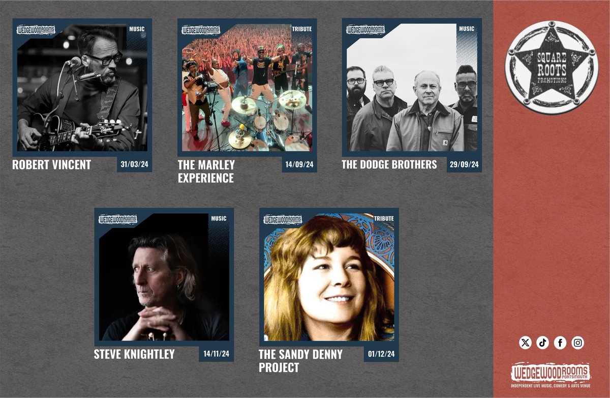 .@SquareRootsProm continue providing the best americana and folk music through the year!🤩 Robert Vincent w/ @MichaelBakerMB @KINGOFREGGAE3 @DodgeBrothers Steve Knightley The Sandy Denny Project Remaining tickets available from wedgewood-rooms.co.uk