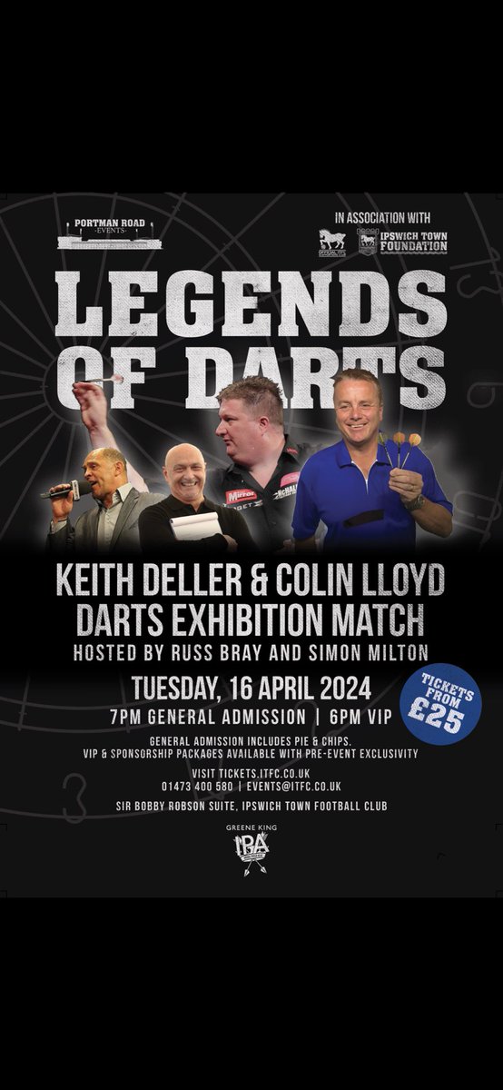APRIL 16th A night of fun darts with ⁦@ColinJawsLloyd⁩ ⁦@Russ180⁩ ⁦@Milts25⁩ and myself at ⁦@IpswichTown⁩ come and have a game and say hello to us, ⁦@ipswichspeedway⁩ and some players. All monies raised for ITFC 🔵🎯🔵🎯🏍️🏍️