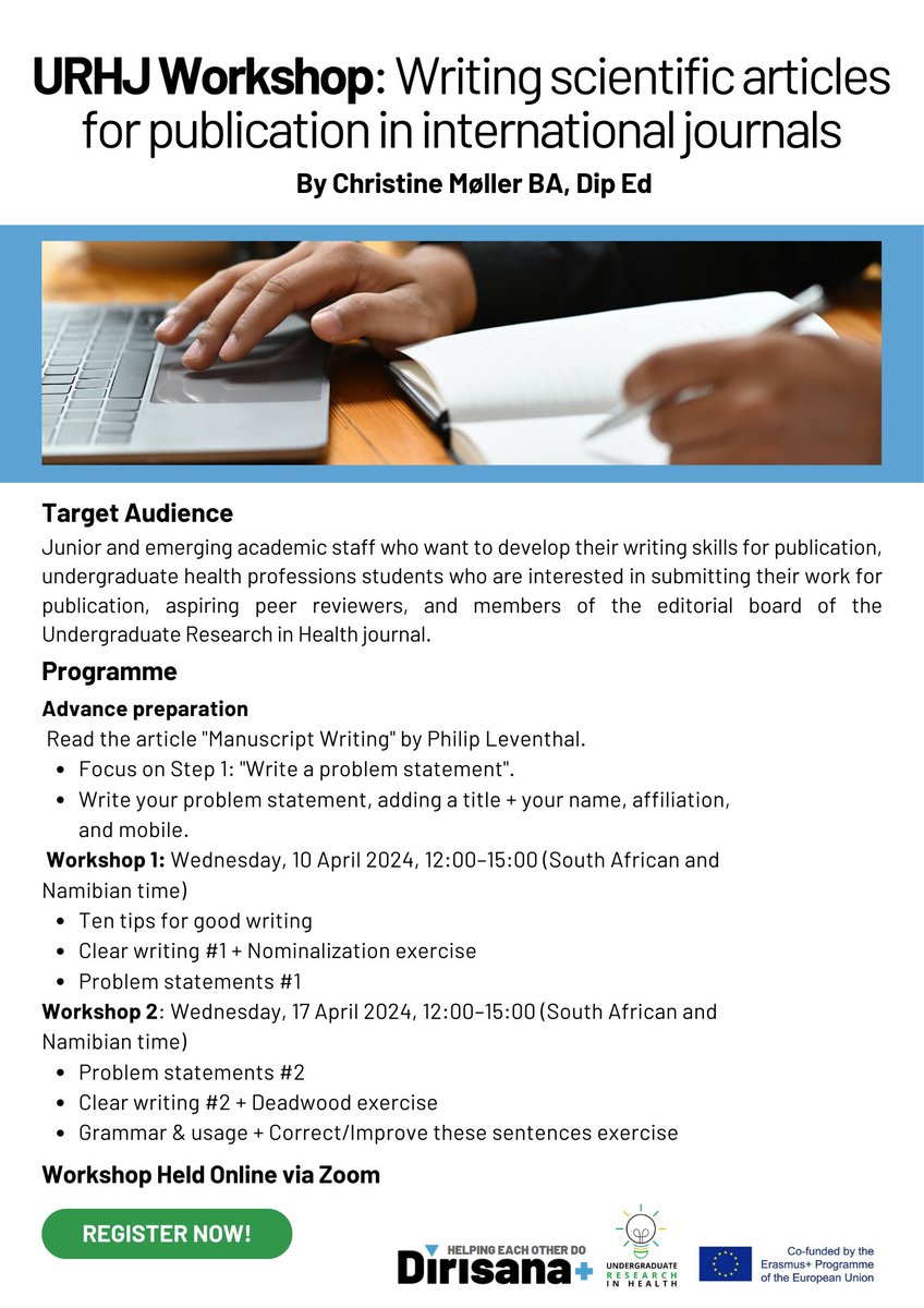 DirisanaPlus's tweet photo. #URHJ

The URHJ is hosting a workshop for junior and emerging academic staff to develop their skills for publication. 

Register now for this free workshop!

https://t.co/oa43akdROt

#Workshop
#Academicliteracy
#Dirisana https://t.co/ufbt6oWUDk